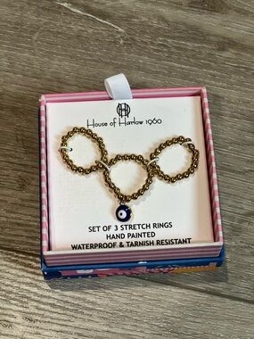House of Harlow 1960 Gold Stretch Stacking Rings with Blue Evil Eye Charm